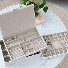 The Container Store Stackers Medium Expandable Jewelry Storage Tray in white with jewelries inside