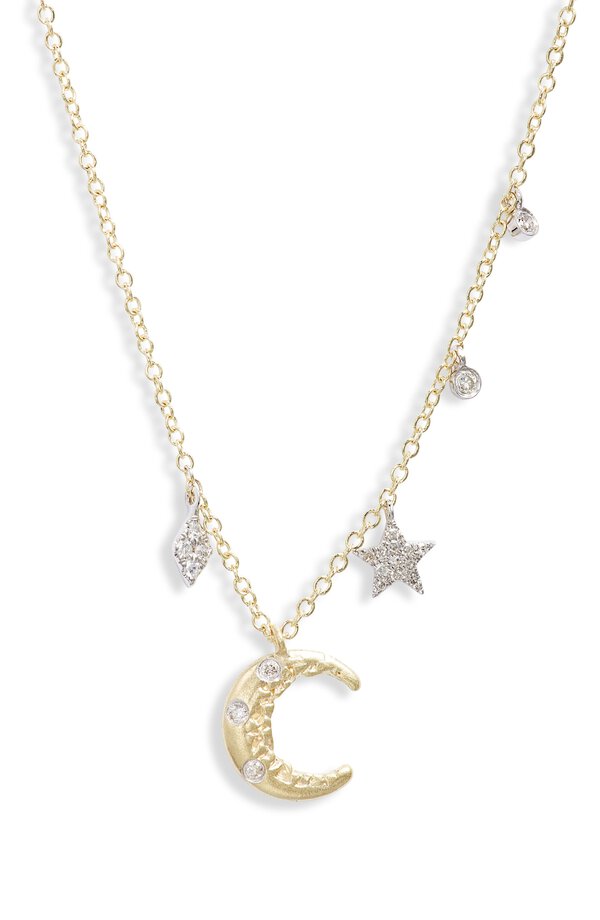 T necklace comes in an 18-inch chain and features a moon encrusted with diamonds and adorned with a chain and diamond star.
