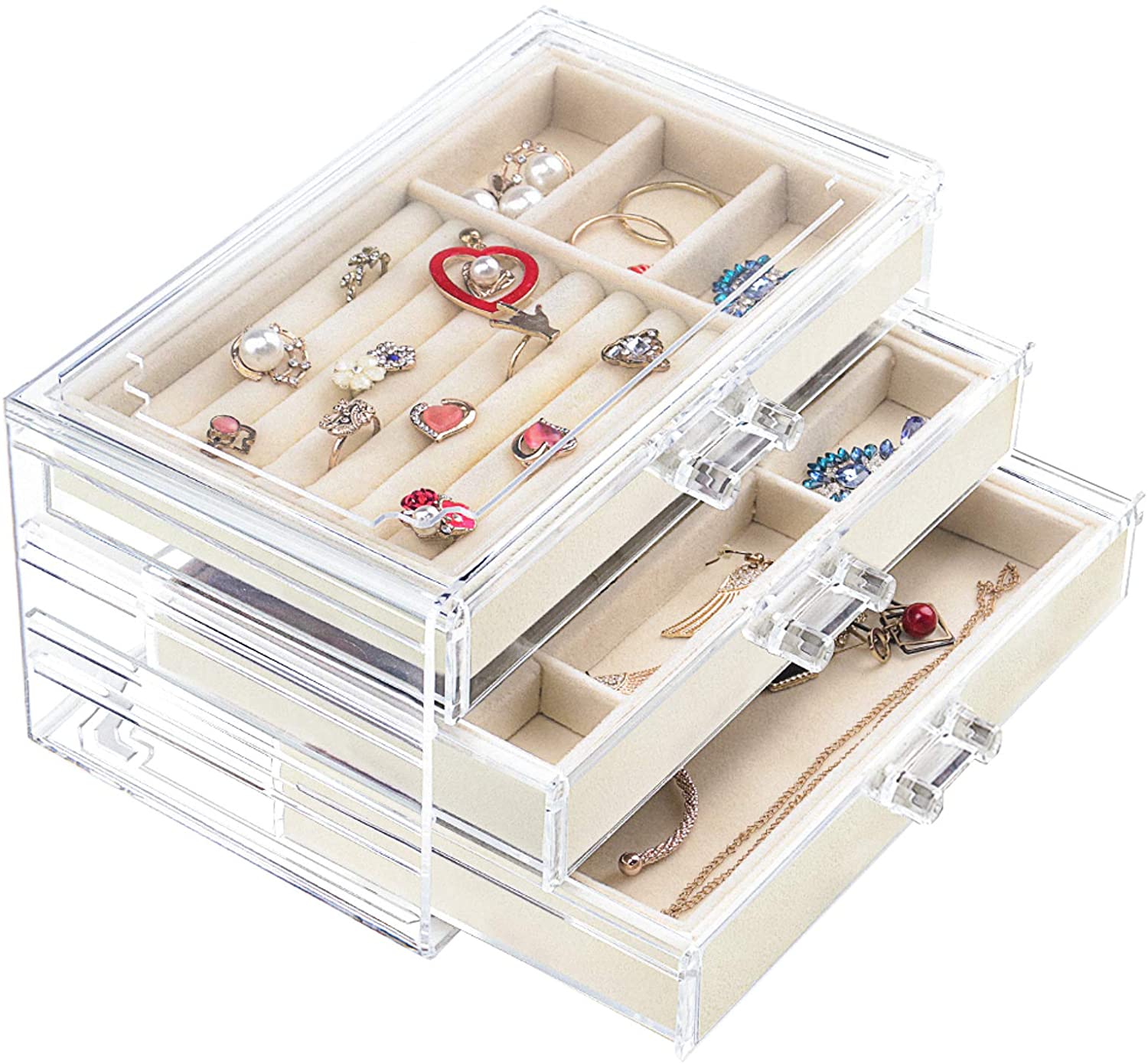 Beige Weiai Acrylic Jewelry Box with jewelries inside