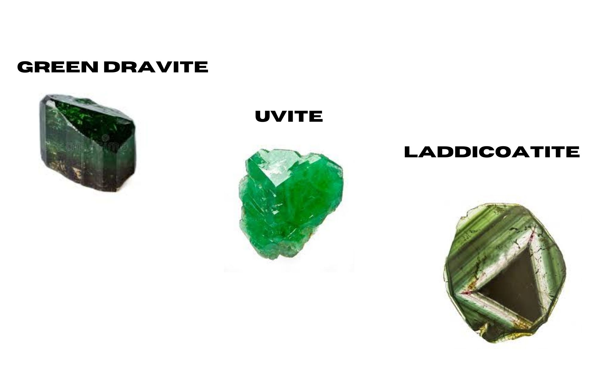 The three kinds of green tourmaline, such as green Dravite, Uvite, and Laddicoatite, on a white background