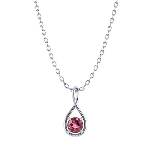 Pink tourmaline stone is attached in a tear drop twist body pendant on a white background