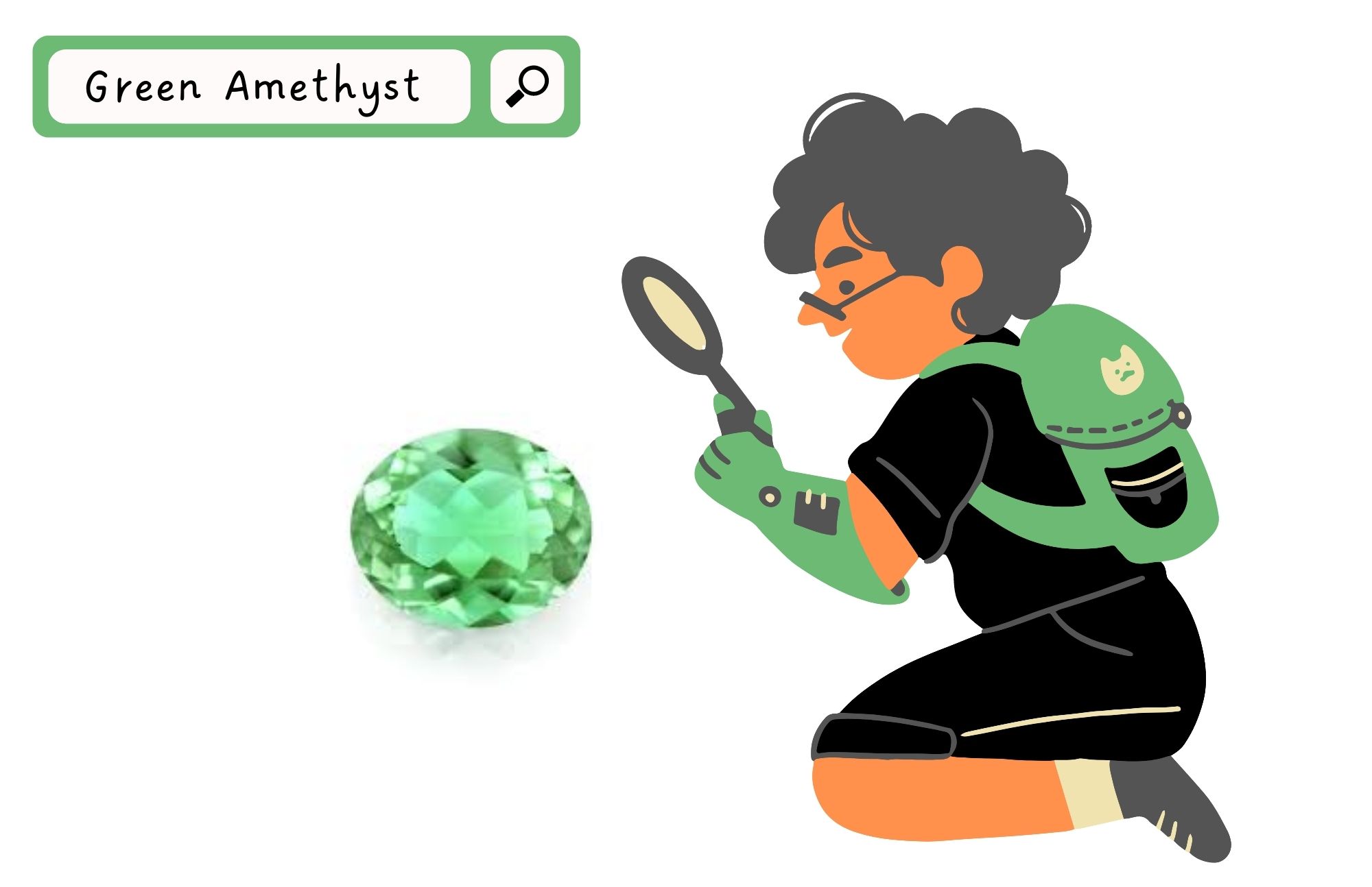 A man checking his green amethyst using a magnifying glass