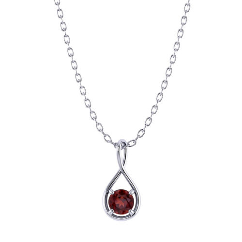 Deep red garnet is attached in a tear drop twist body pendant on a white background