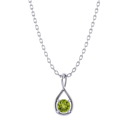 Peridot stone is attached in a tear drop twist body pendant on a white background