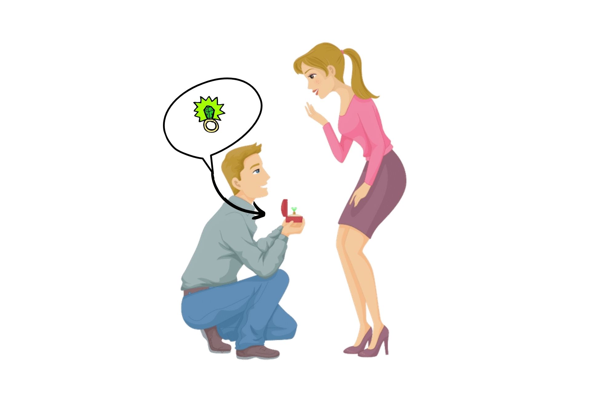 A man is proposing to his fiancee with a green crystal ring
