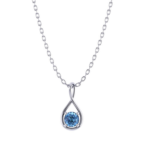 Aquamarine stone is attached in a tear drop twist body pendant on a white background