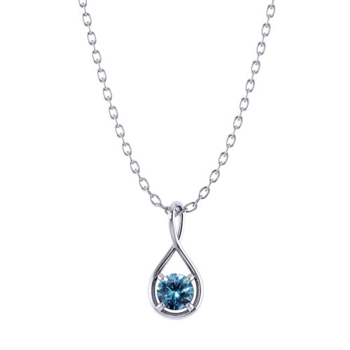 Blue Zircon stone is attached in a tear drop twist body pendant on a white background
