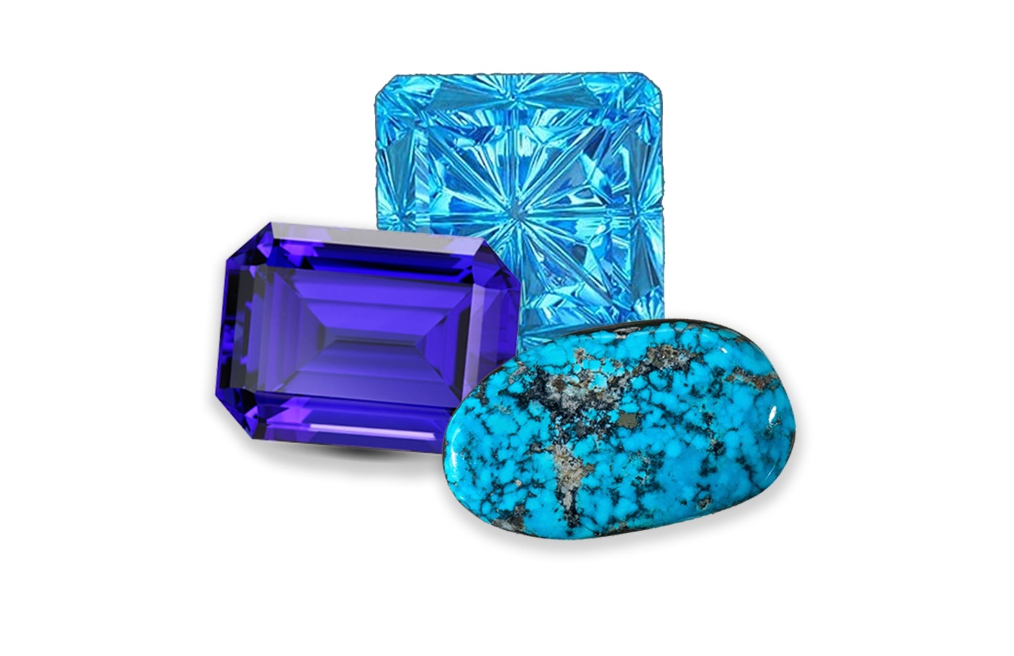 Tanzanite, Turquoise, and Zircon birthstones together on a white background