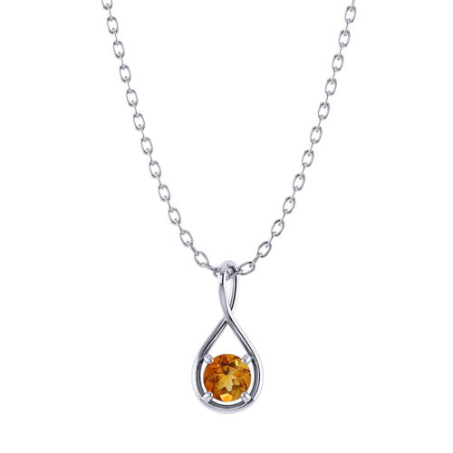 Citrine stone is attached in a tear drop twist body pendant on a white background