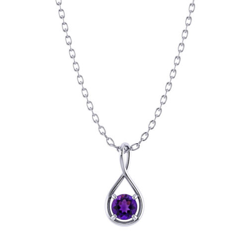 Deep purple amethyst is attached in a tear drop twist body pendant on a white background
