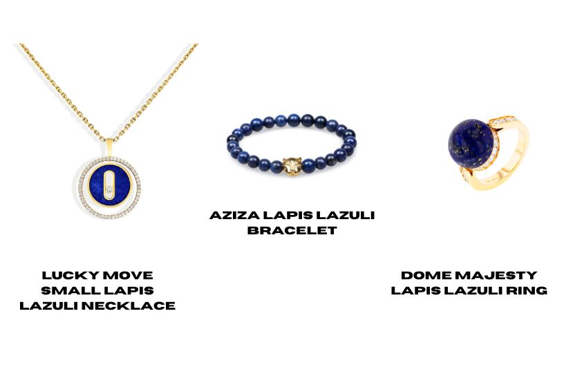 The different kinds of jewelry made of lapis lazuli, such as necklaces, bracelets, and rings on a white background