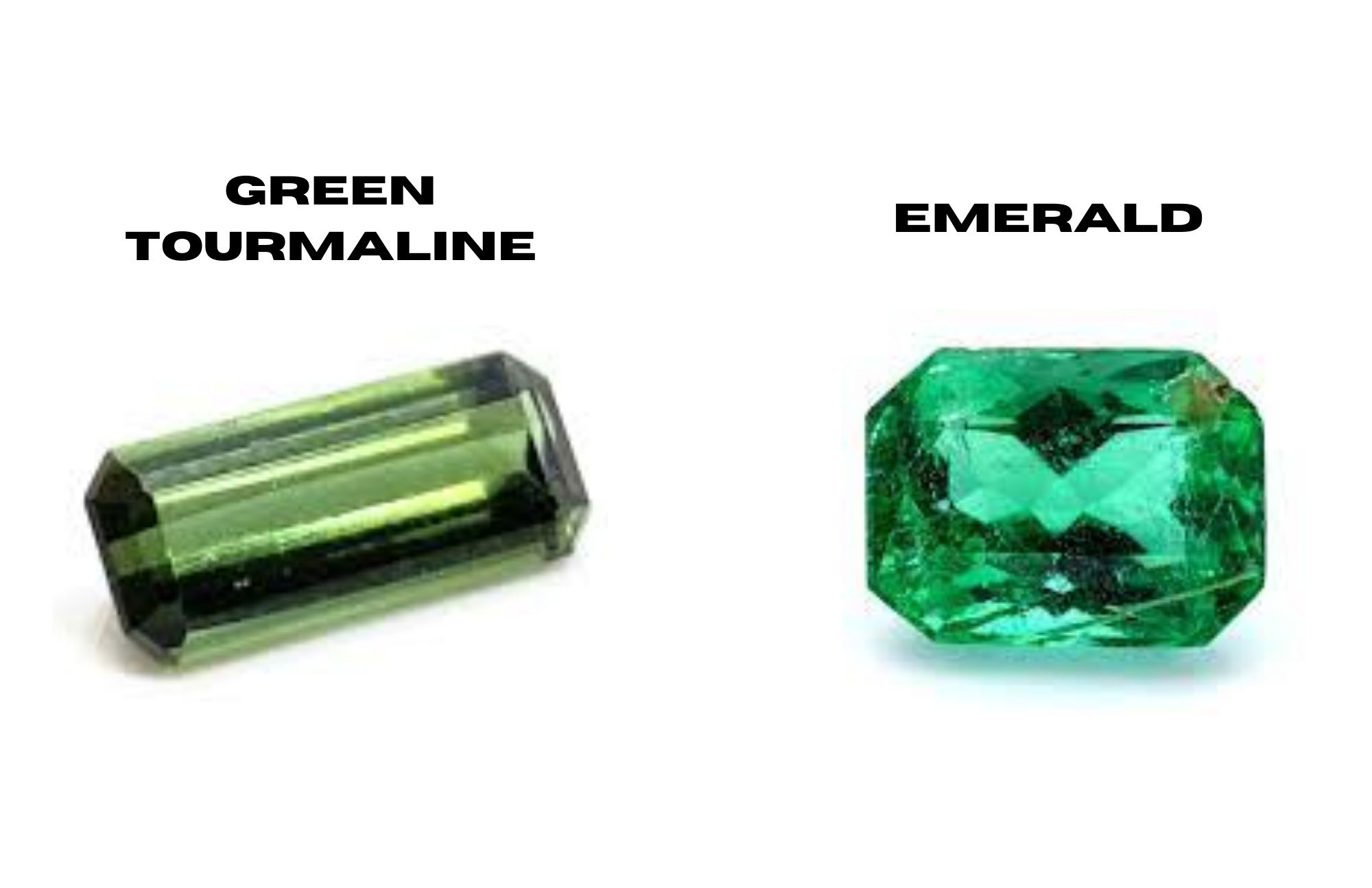 The difference between the green green tourmaline on the left and the emerald on the right on a white background