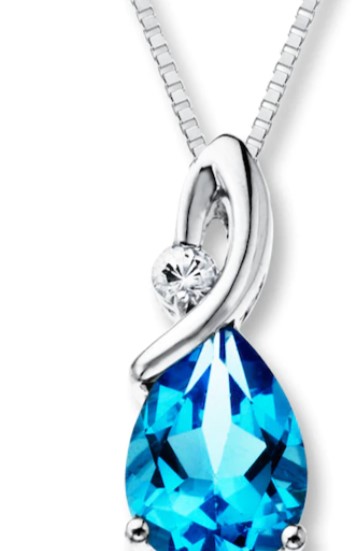 Pear-shaped blue topaz necklace with a swirl of sterling silver