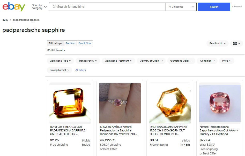 The eBay site that shows all the padparadscha jewels for sale at a low price