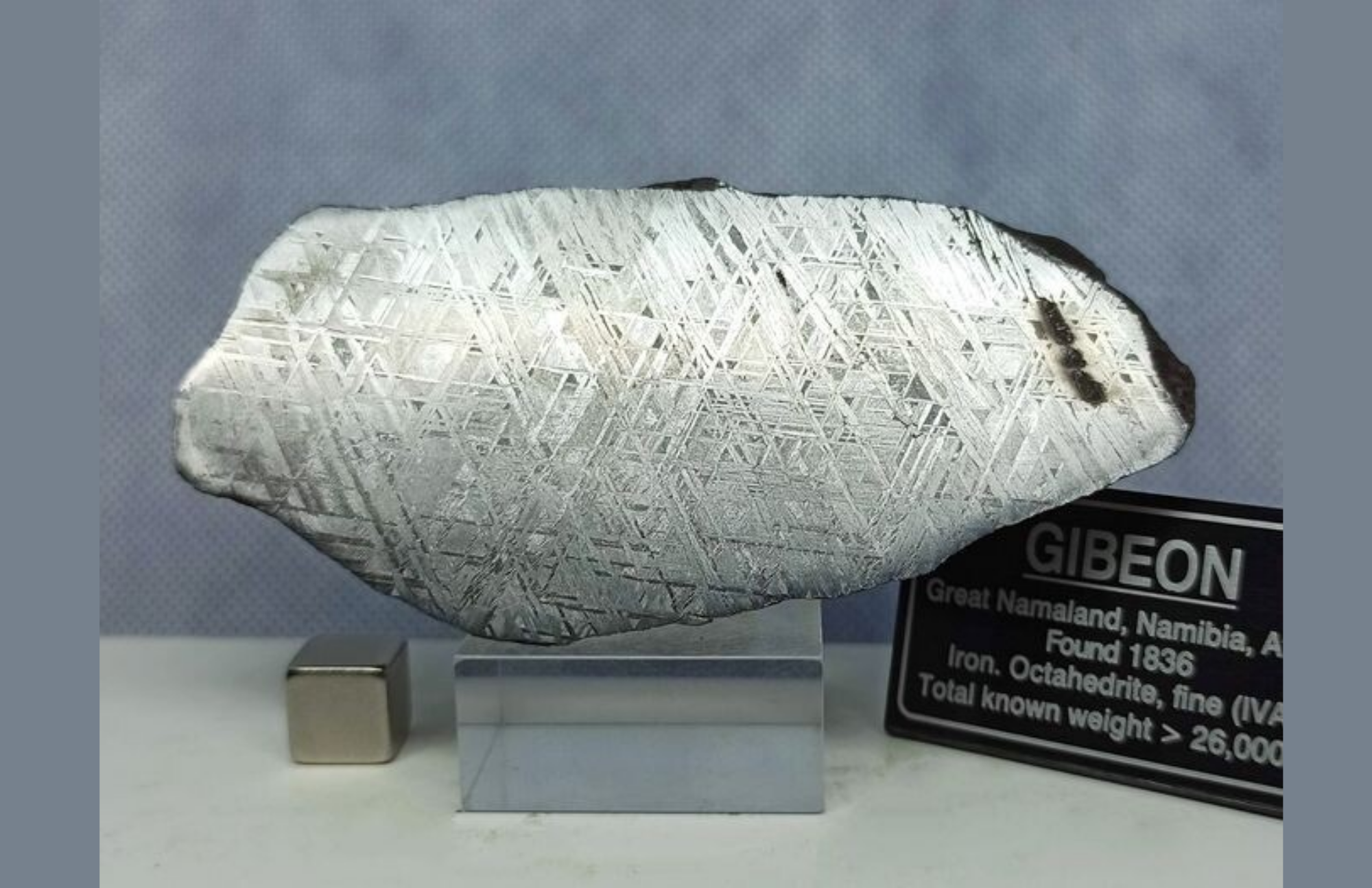 A gibeon meteorite with fussion crust and widmanstatten lines on a museum