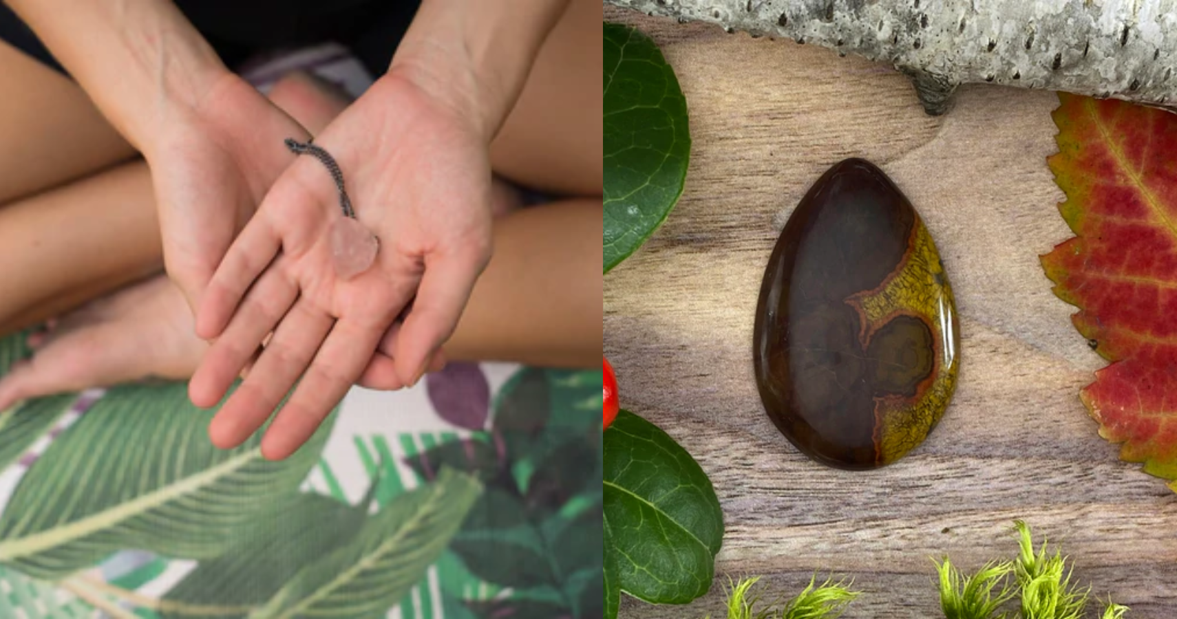 A woman meditating using her clear poppy jasper necklace and a stone of poppy jasper on a table