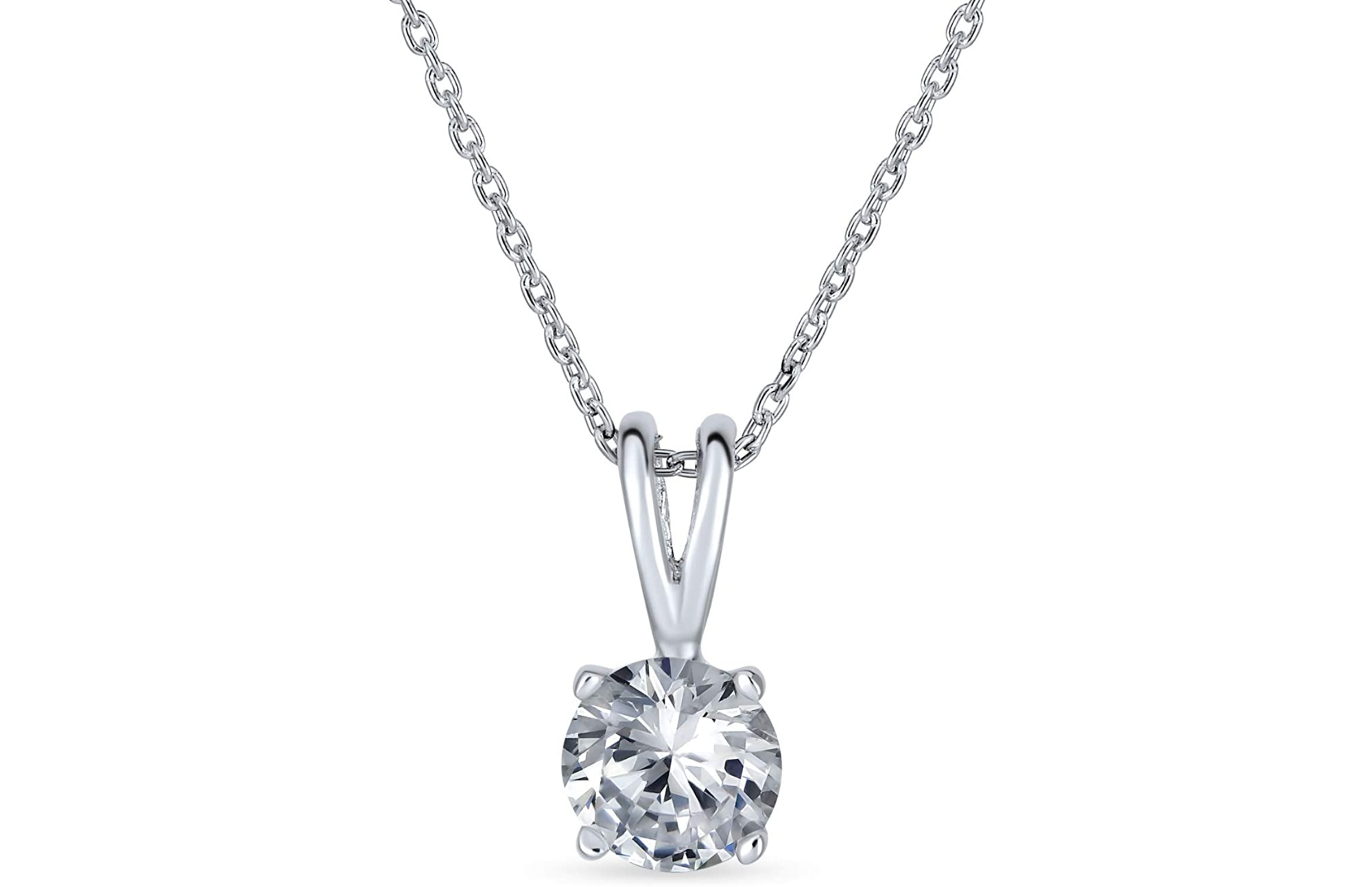 Round and sparkling CZ solitaire that is 7mm in diameter and hangs from a shiny 16-inch Rolo chain