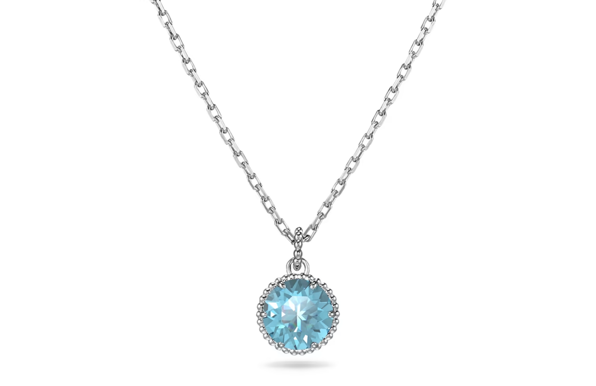 Swarovski pendant in rhodium plating and has a single large aquamarine crystal