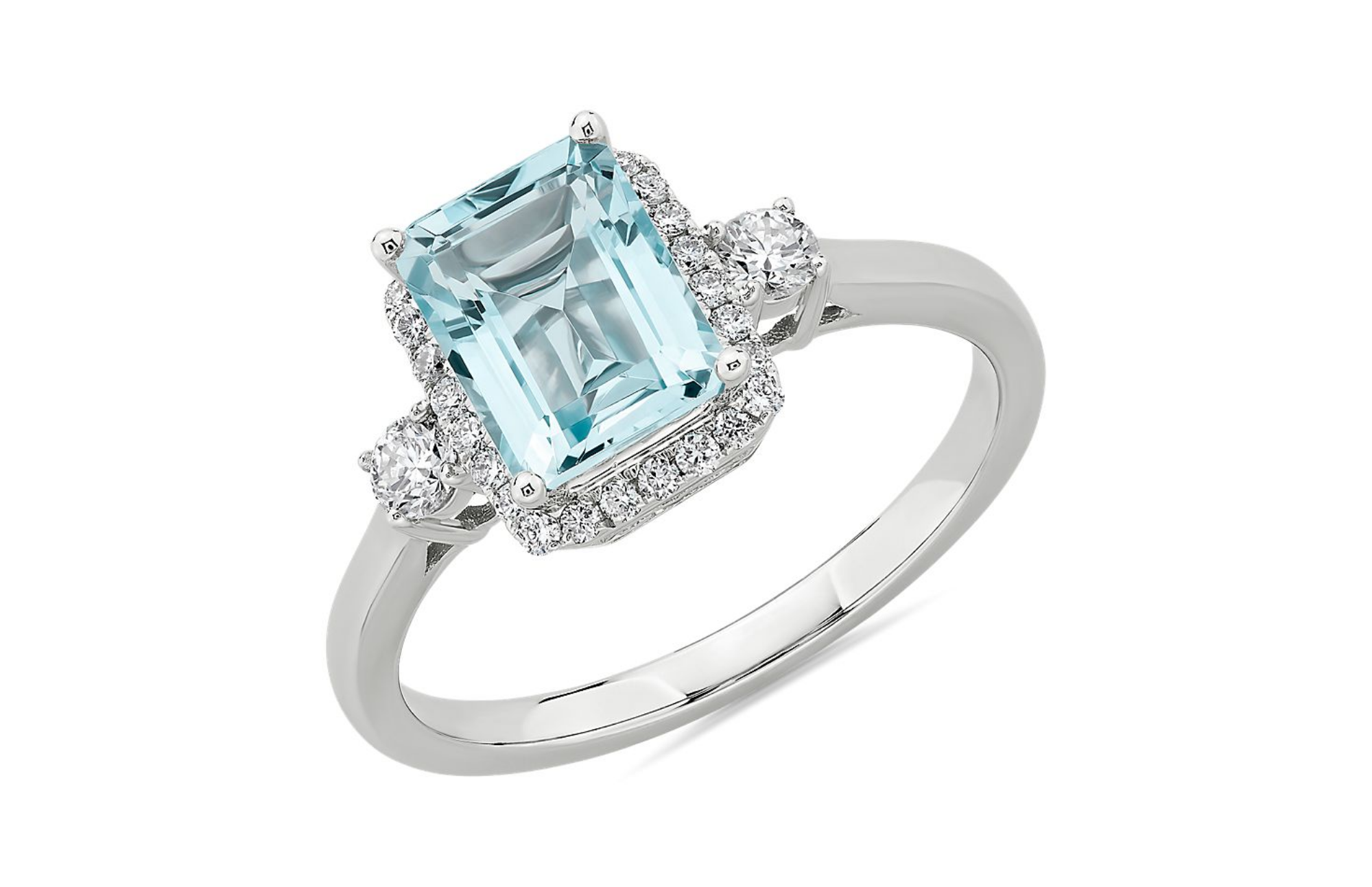 Aquamarine ring set in 14k white gold and sparkling round diamonds