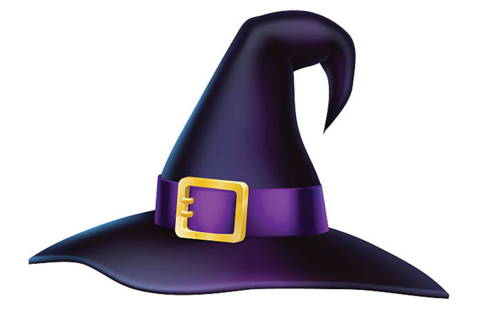 A dark purple witchcraft hat with a yellow metal head belt