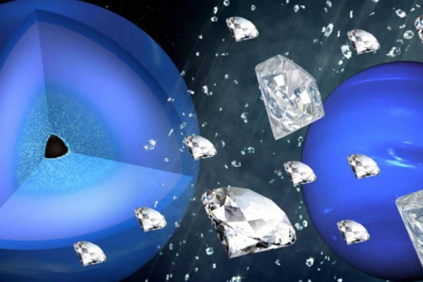 Neptune and Uranus in outer space, diamonds falling into deep