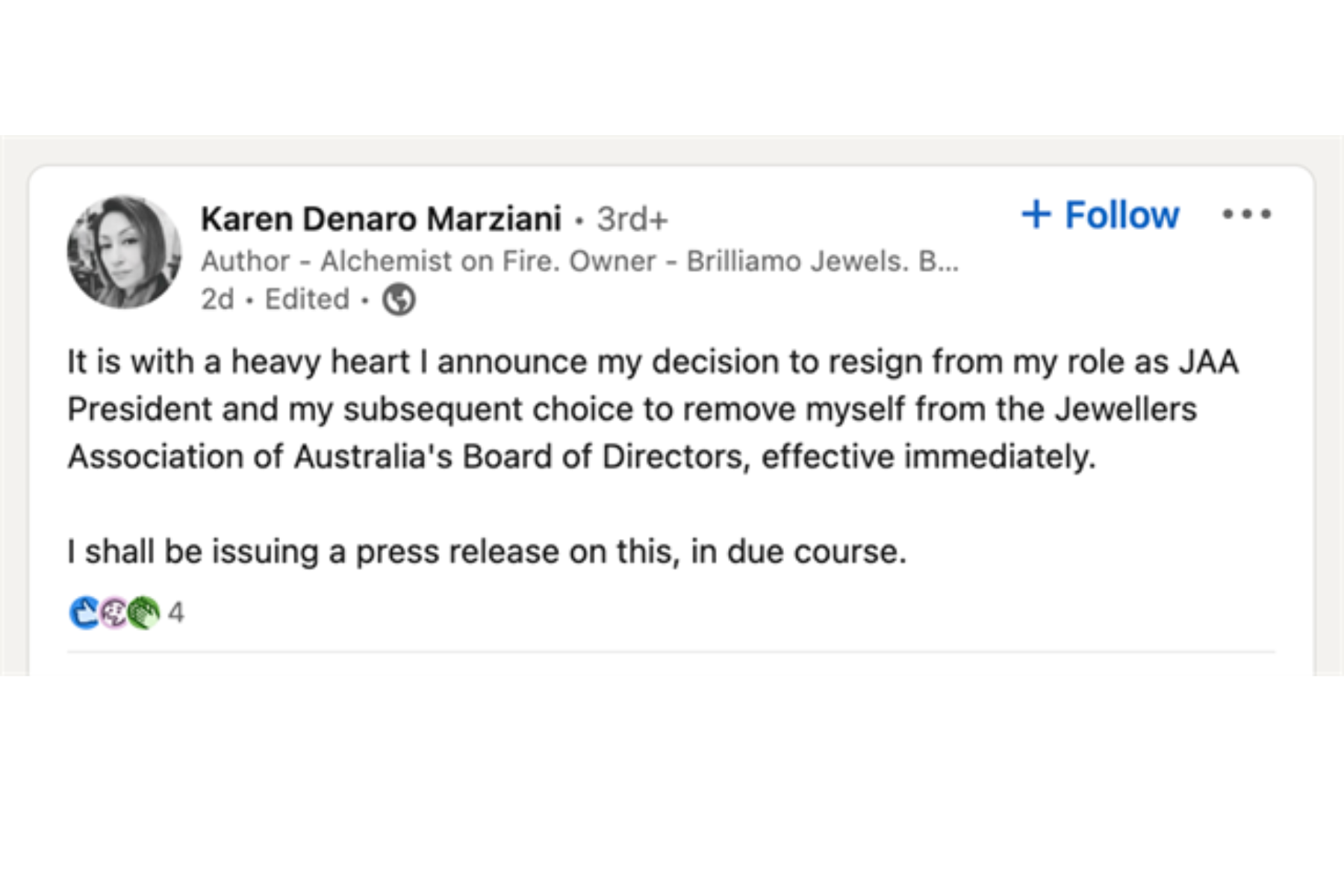 The shocking announcement or resignation of JAA's former President on LinkedIn