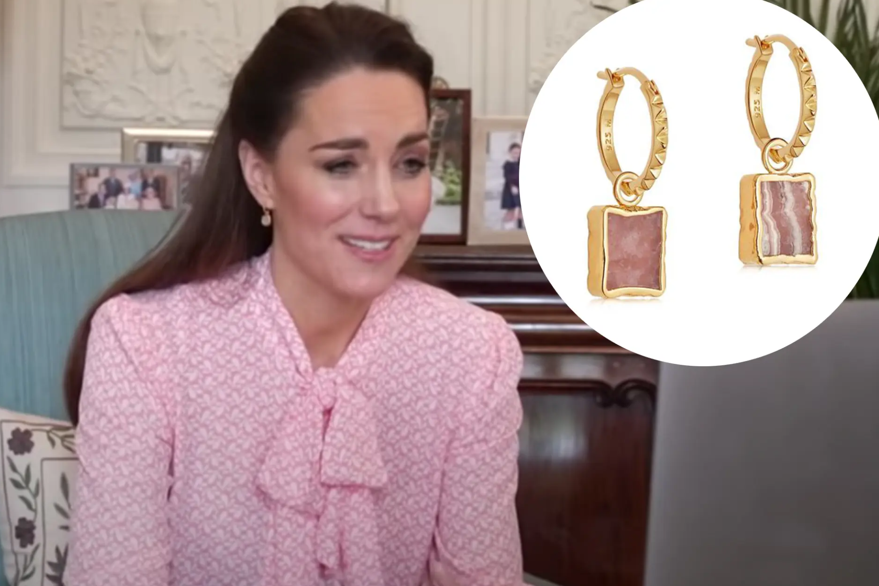 Kate Middleton is dressed in a pink blouse and £85 gemstone earrings on a white circle