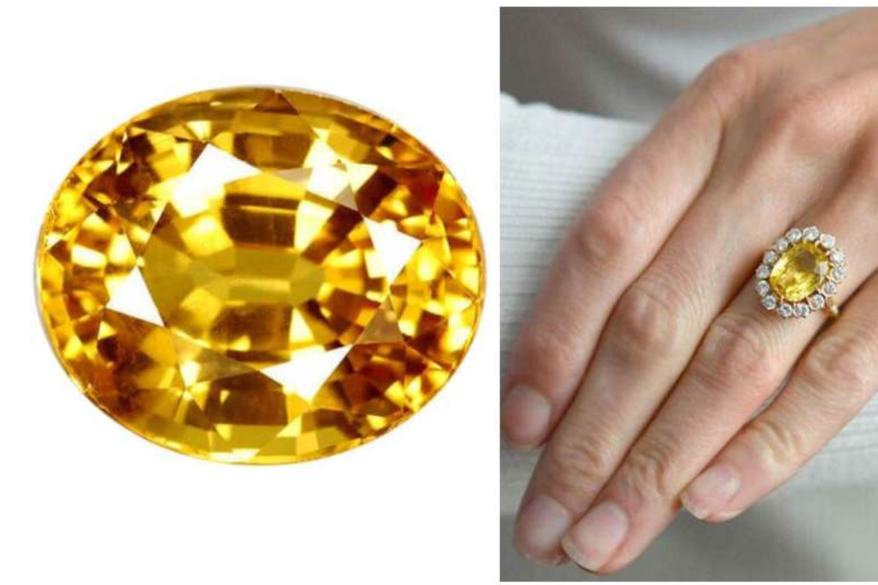 A Topaz stone on the right and a on the left part, a hand of a woman wearing a topaz ring on her ring finger