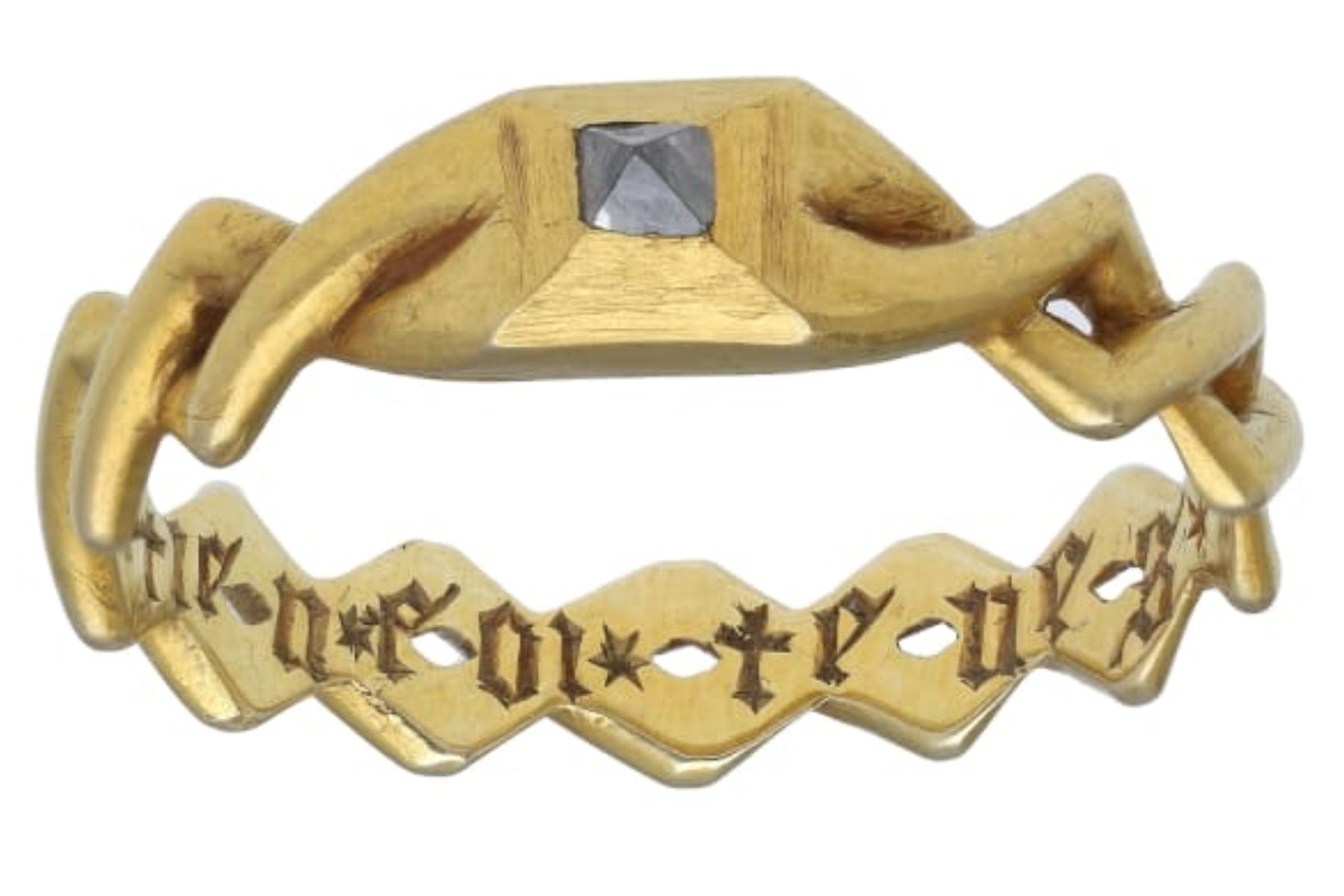 The ring interior inscription reads "I hold your faith, hold mine," in French
