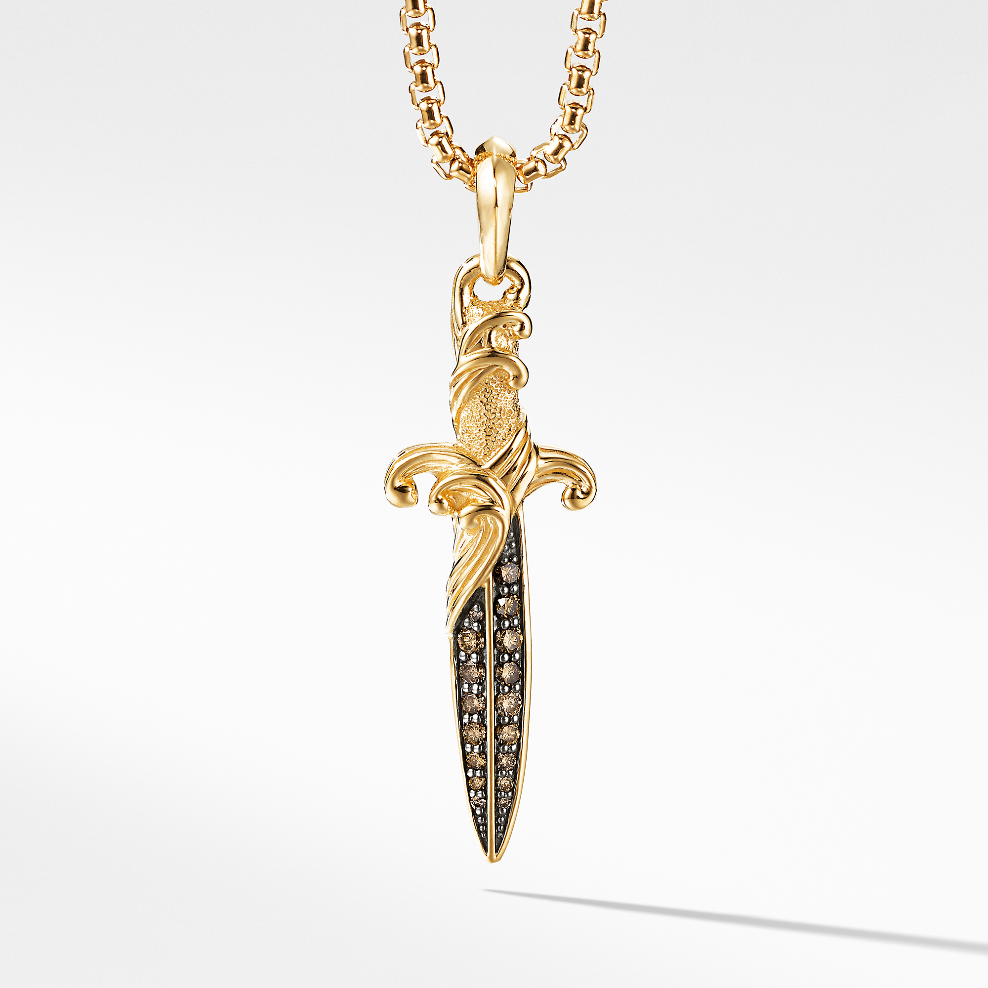 A sword-like design with a yellow gold coat hanging