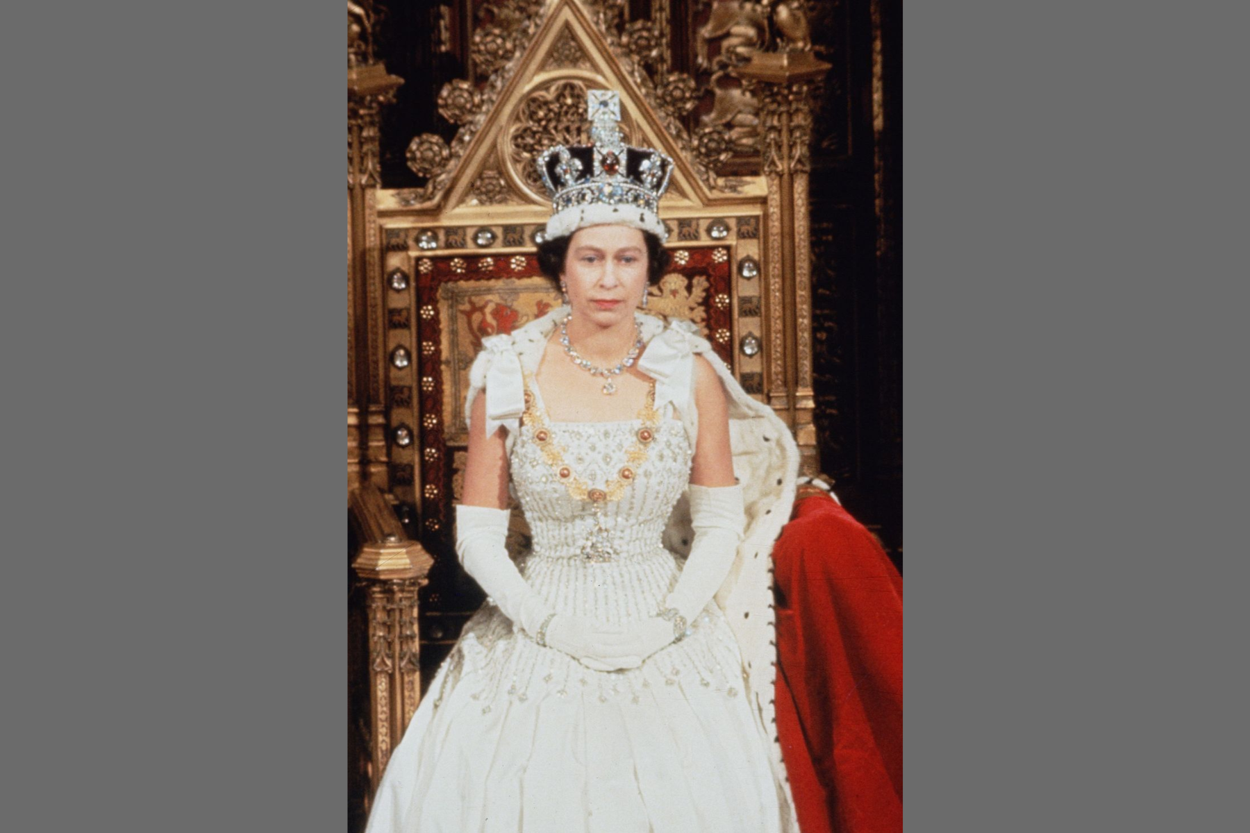 For her coronation, Queen Elizabeth II sat on a throne while wearing the Imperial State Crown