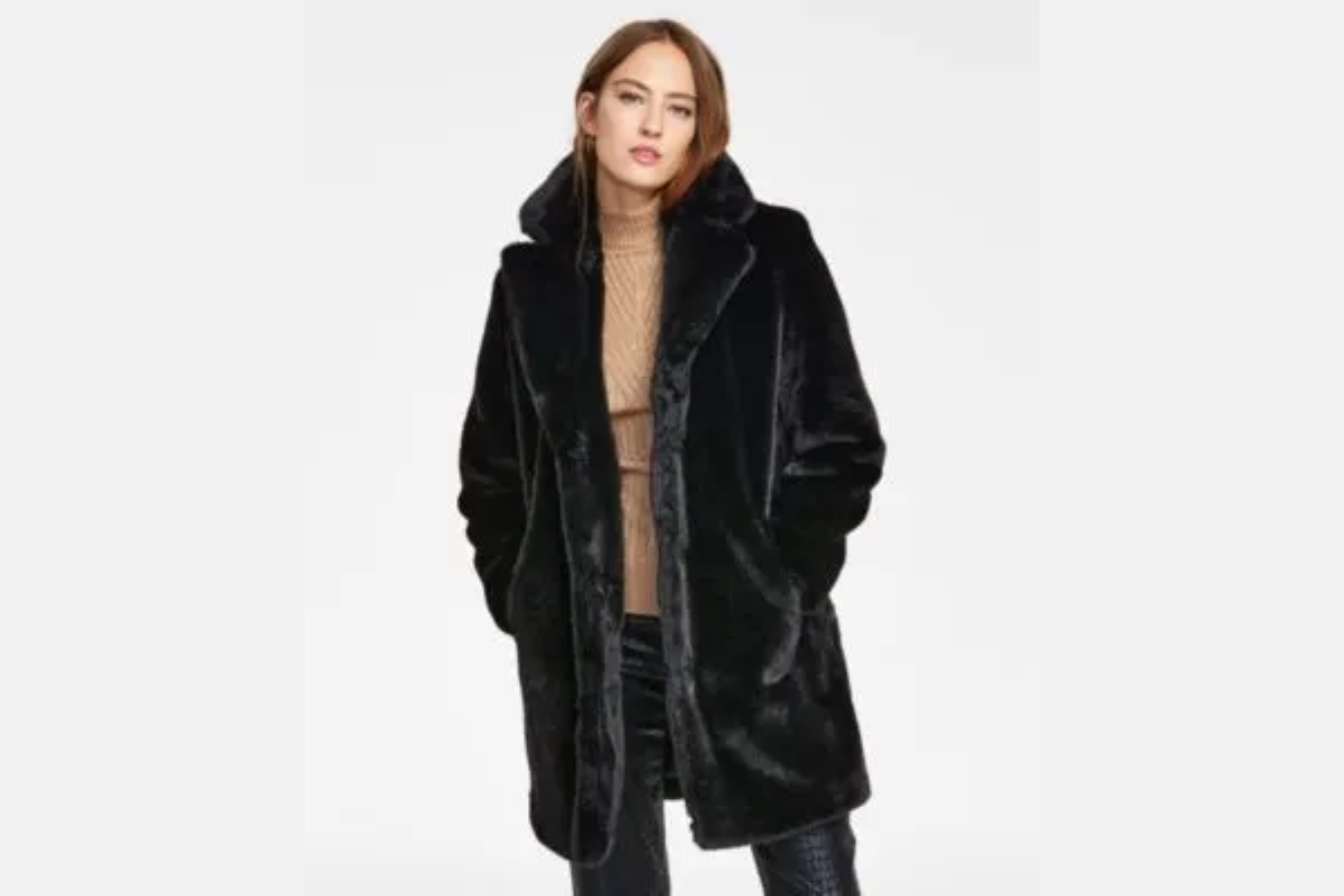 INC Long Faux-Fur Chubby Coat for women on a woman