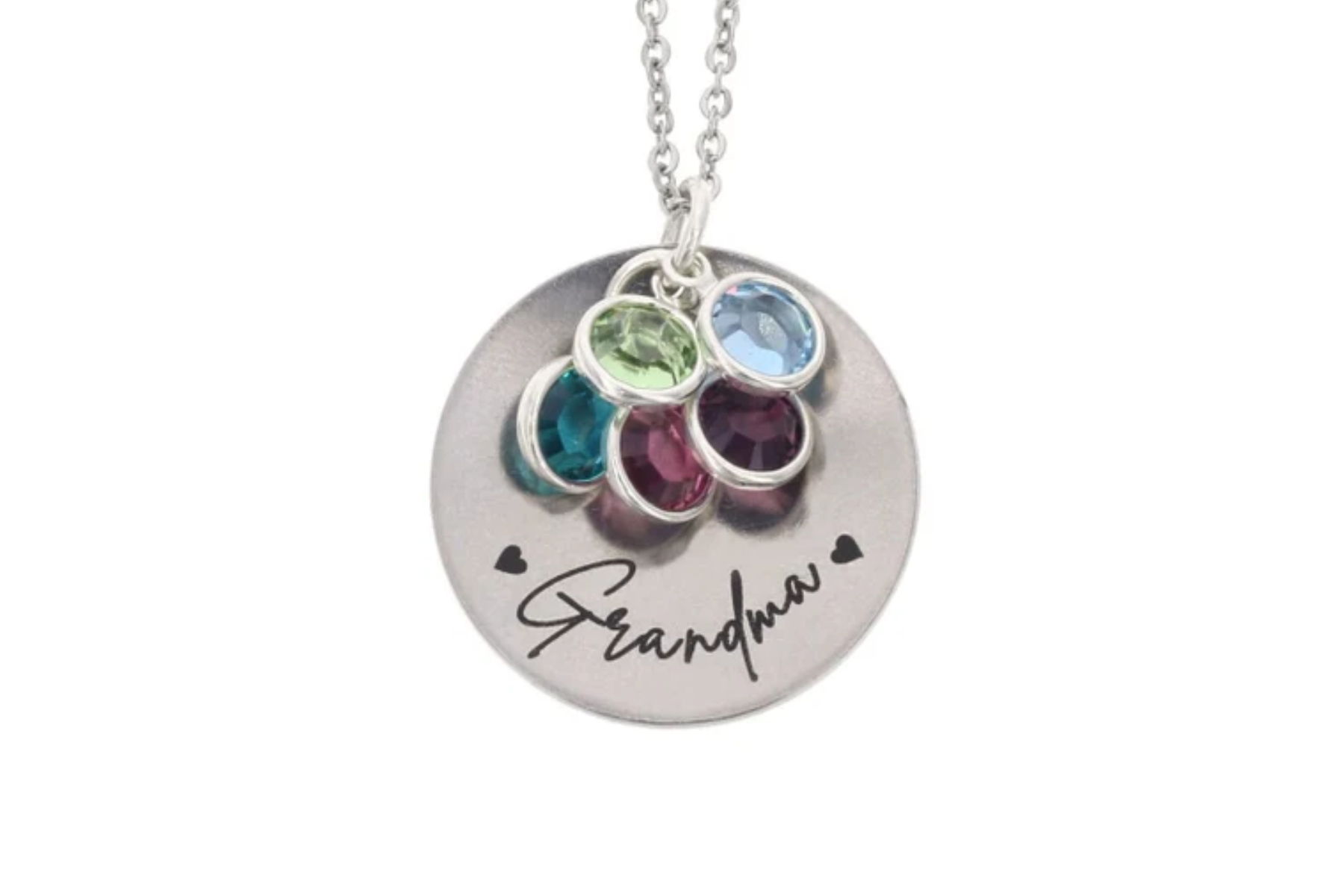 Tiny cup shapependant necklace with her name and a choice of crystal colors