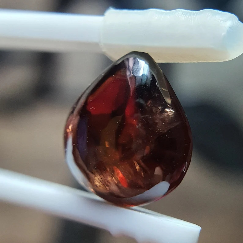 Teardrop shaped dark red Jacinth gemstone on a forcep