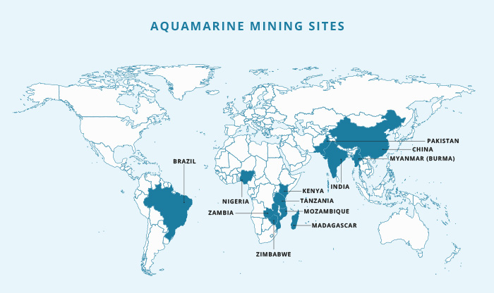 The locations of Aquamarine stones on a map