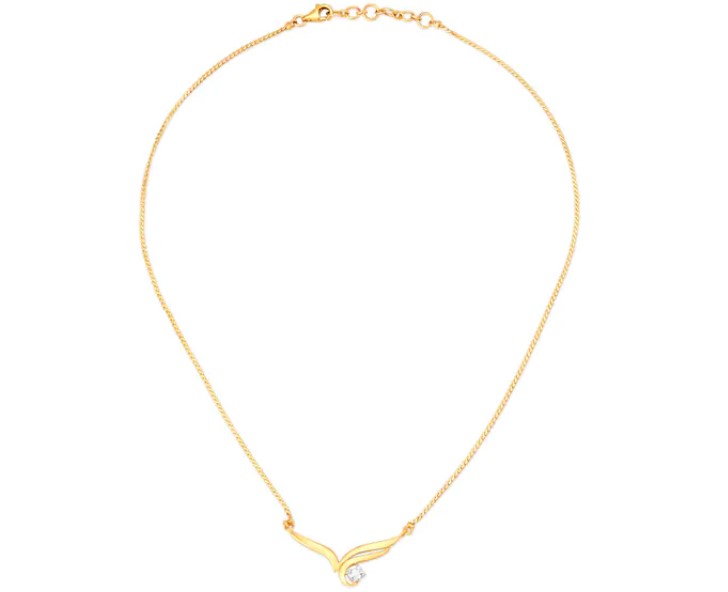 A Tanishq charming paisley diamond necklace has a gold chain and a hanging diamond stone