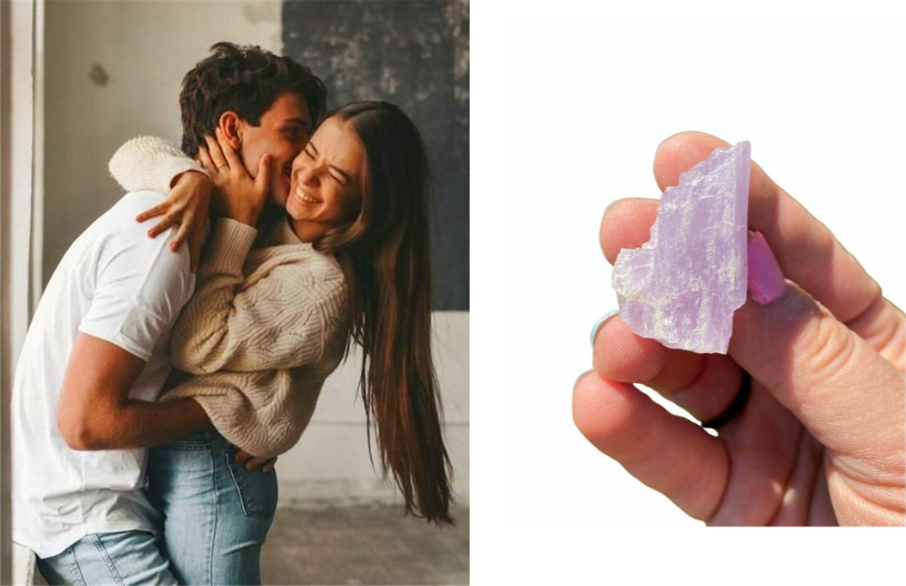 A lovely couple hugging each other and a Kunzite crystal on hand