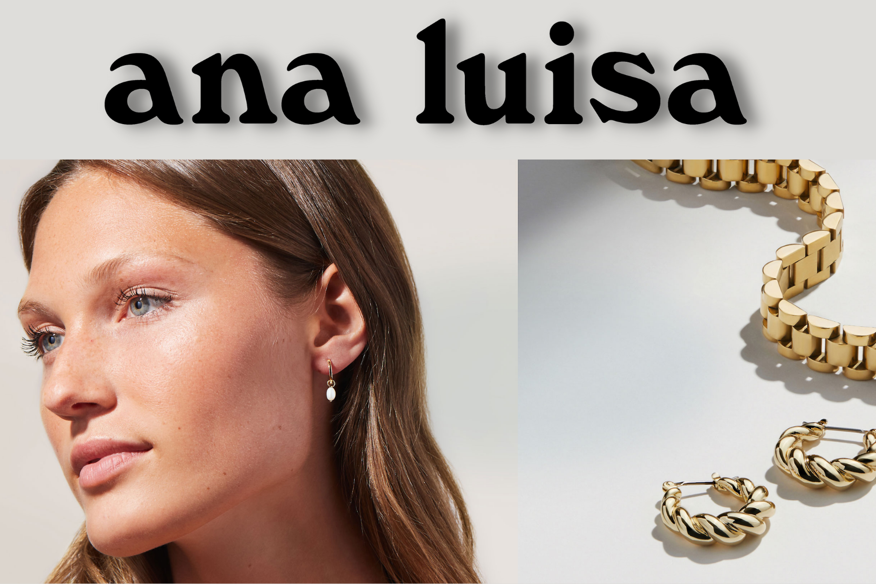 A model on the left wearing Ana Luisa's white earring and a pair of twisted golden earring and a gold bracelet on the right