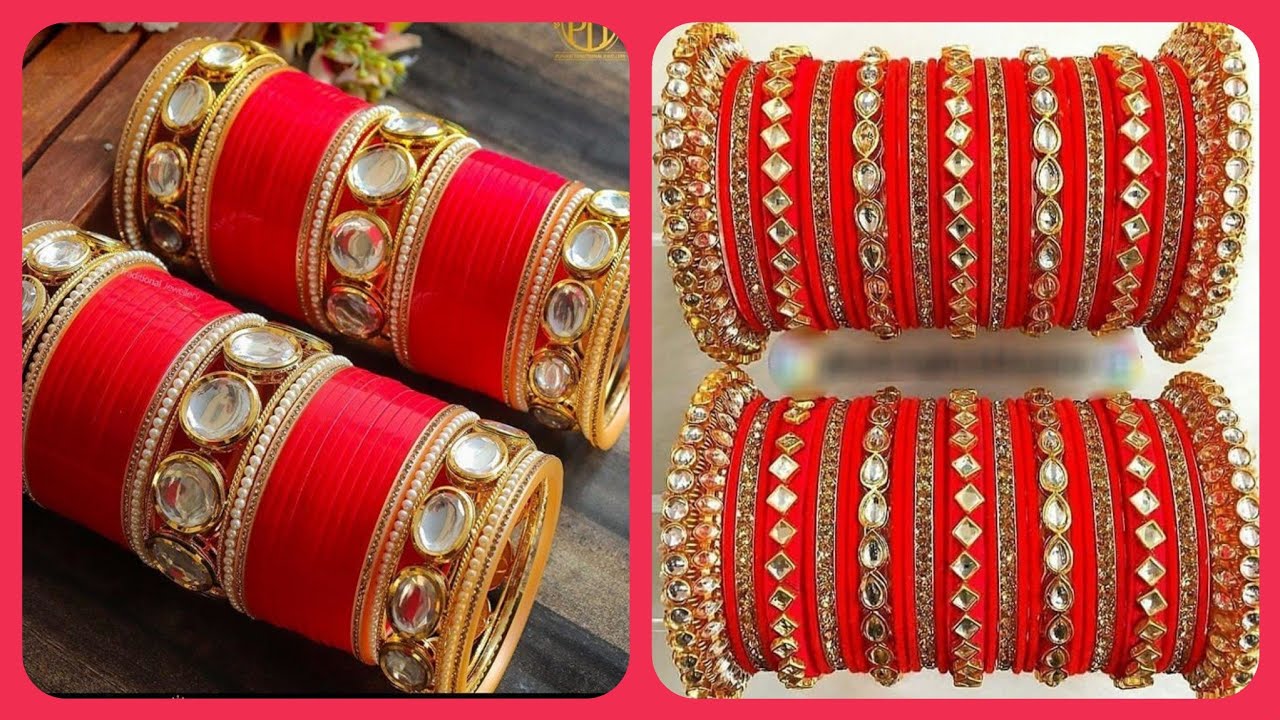 Indian Wedding Bracelet Panjabi Chuda Red and gold bracelets with small and large diamonds on them