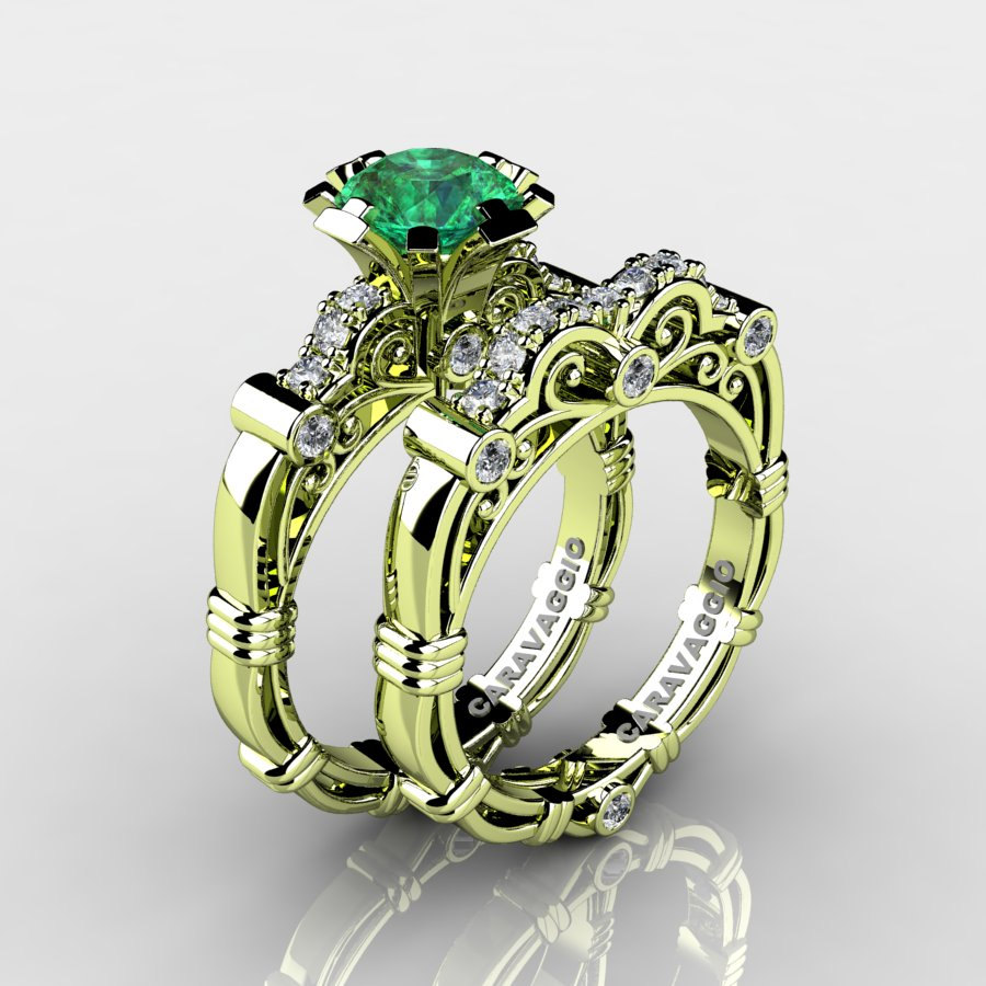 Two green gold rings with white and emerald diamond