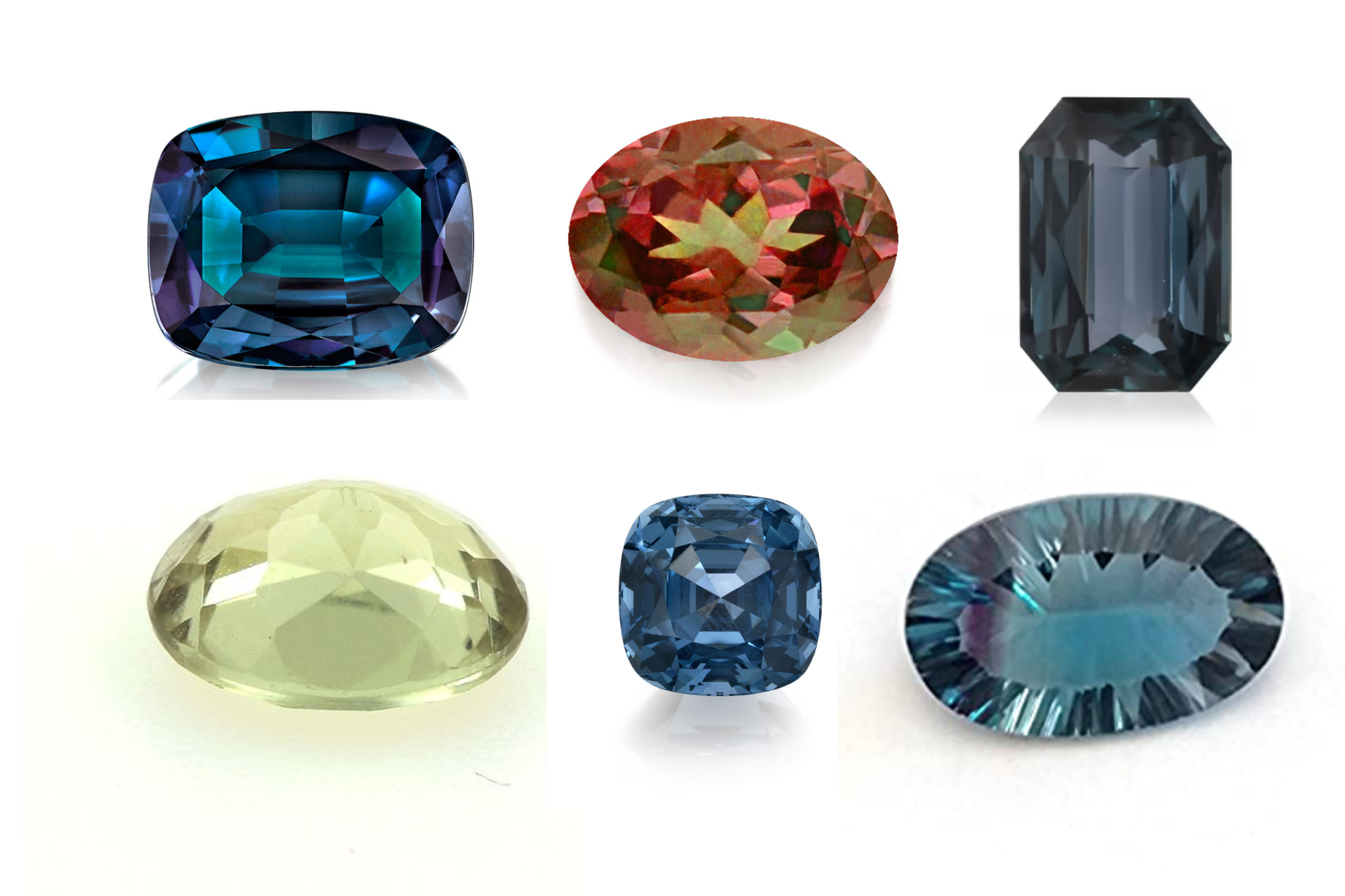 Six types of colot-changing gemstones, the Alexandrite, Garnet, Sapphire, Diaspore, Spinel, and Fluorite