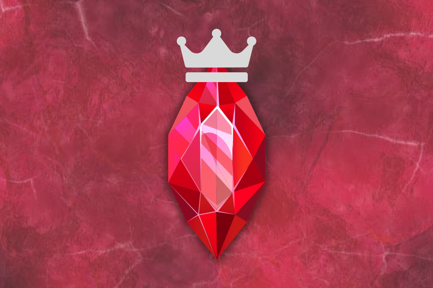 A ruby with a crown in front of a backdrop with a ruby motif
