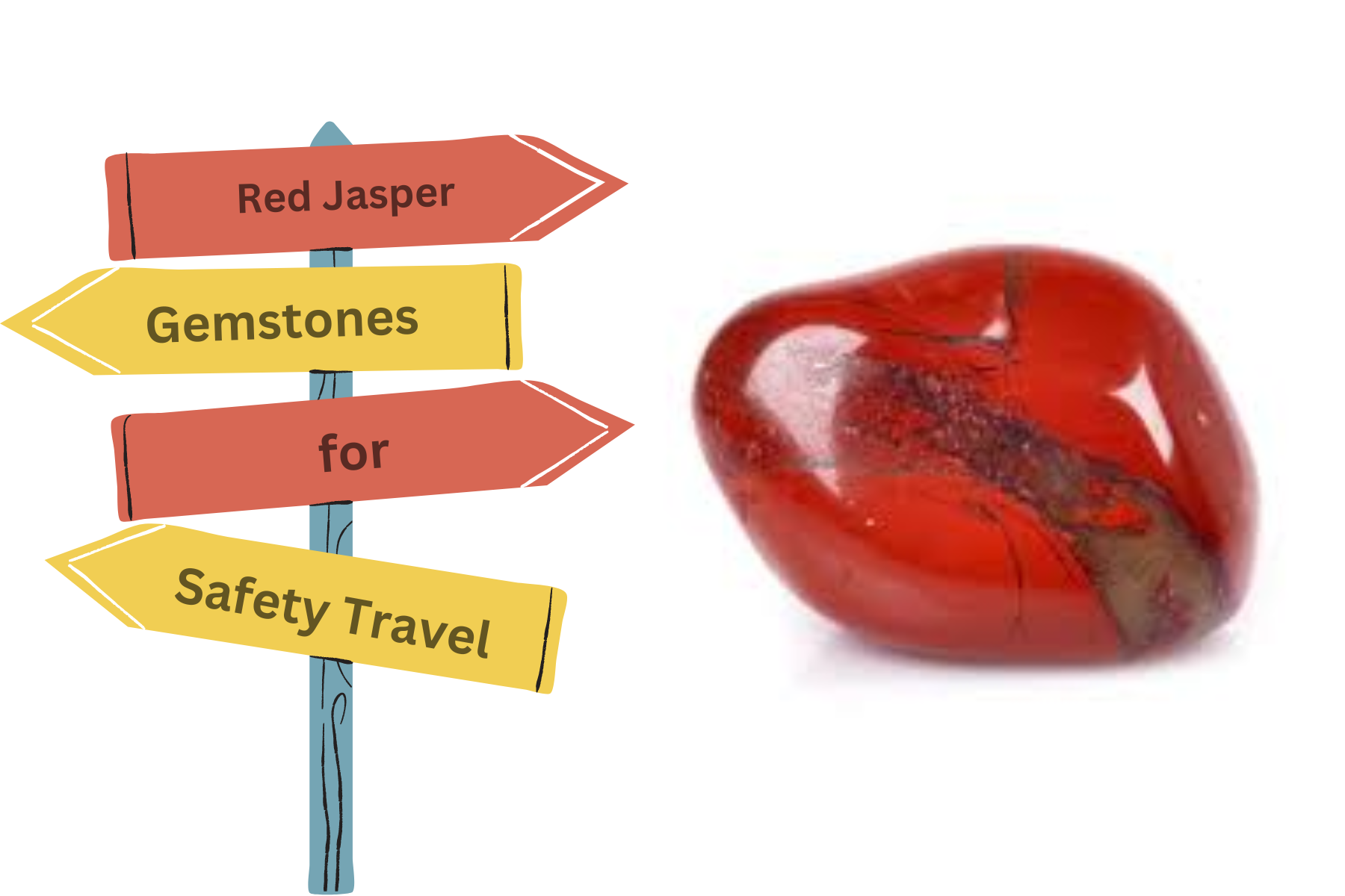 Red Jasper and wooden posts with the words "Red Jasper Gemstones for Safety Travel"