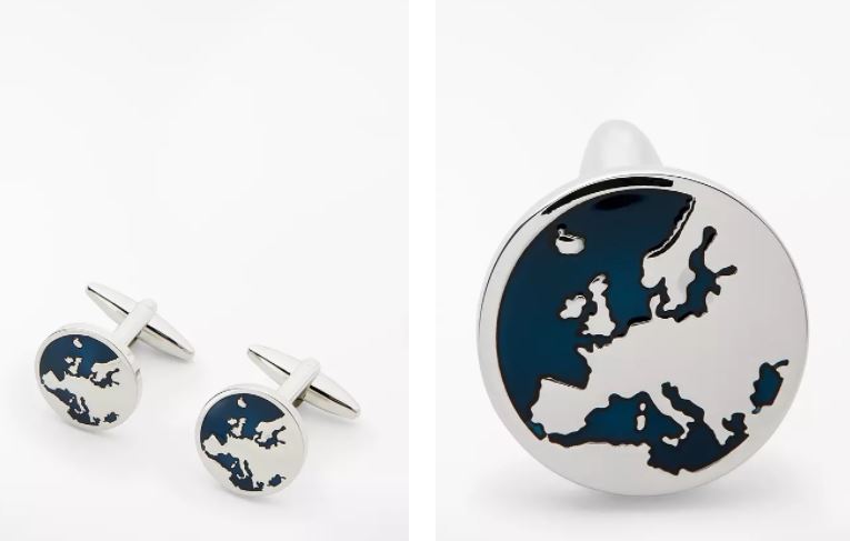 On the left is a pair of globe cufflinks and on the right is a zoom in single cufflinks