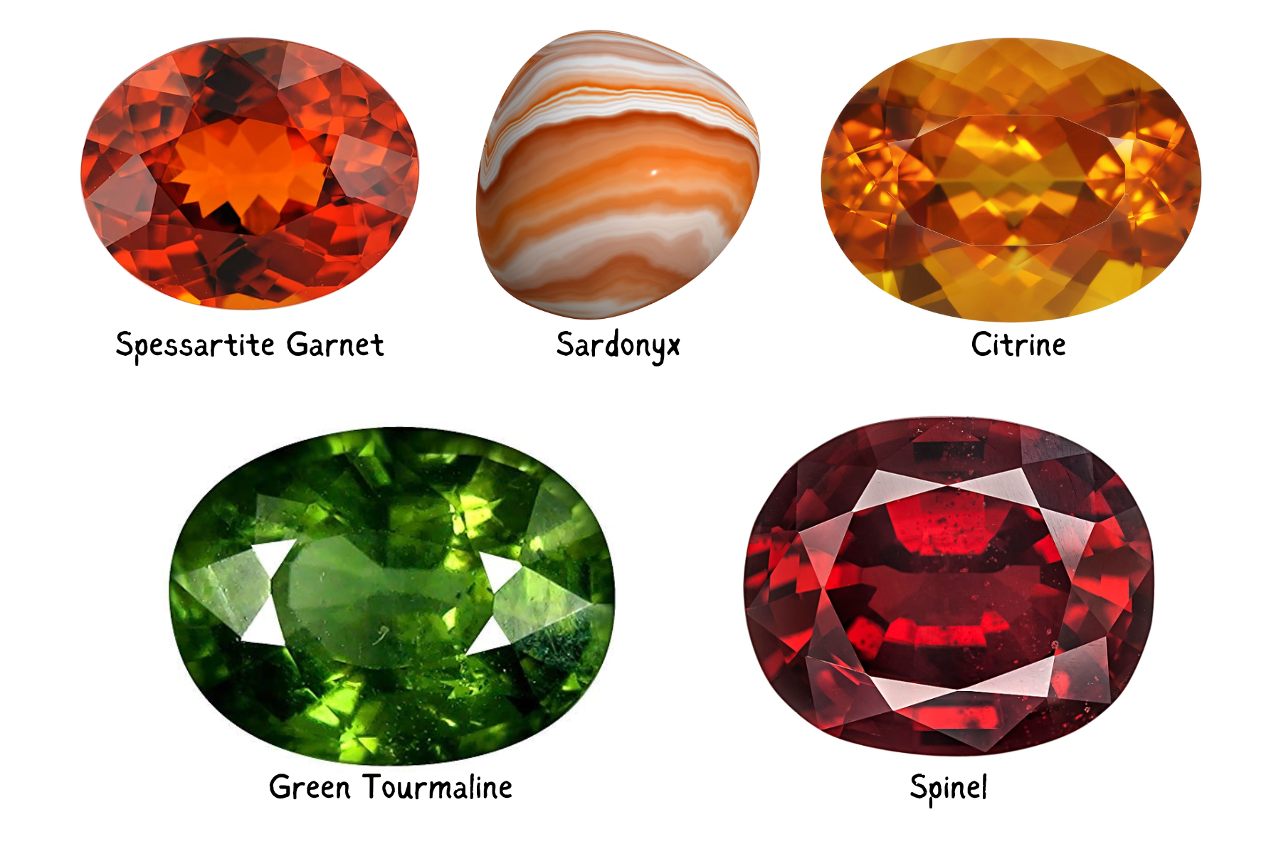 Spessartite Garnet, Sardonyx, Citrine, Green Tourmaline, and Spinel gemstones