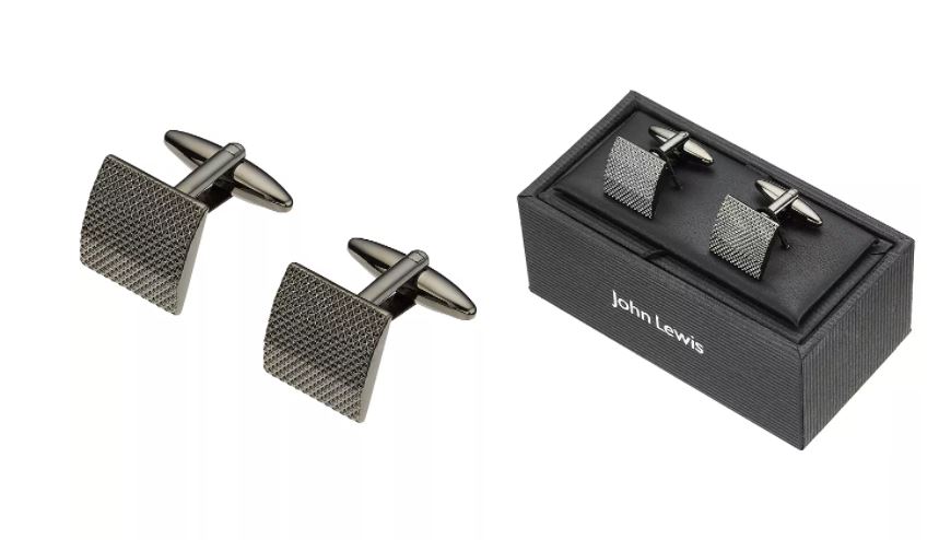 A pair of John Lewis & Partners Textured Square Cufflinks and the other one is placed in a black cufflink case