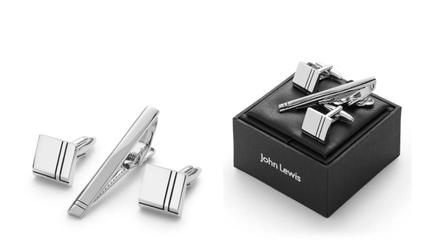 A Tie slide is placed in the middle of a pair of silver colored John Lewis & Partners Cufflink