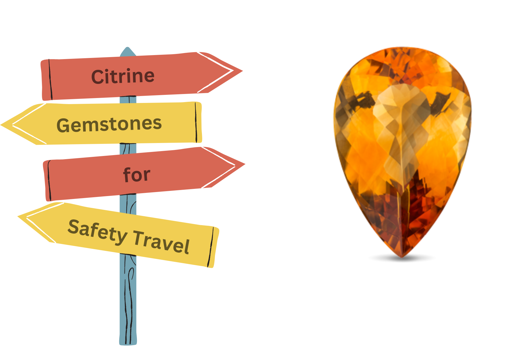 Citrine gemstone and wooden posts with the words "Citrine Gemstones for Safety Travel"