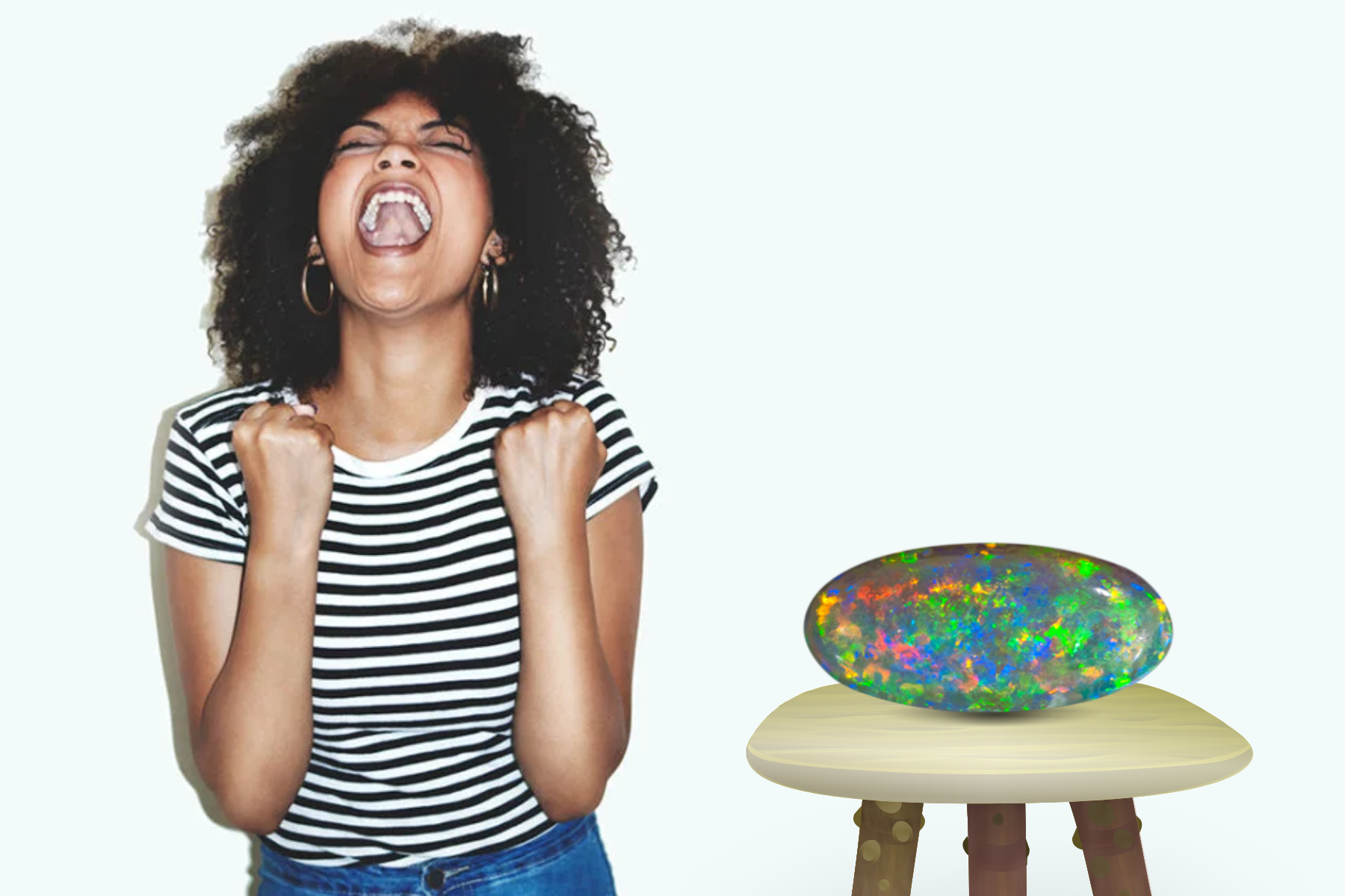 A joyful woman stands next to the opal in the stool