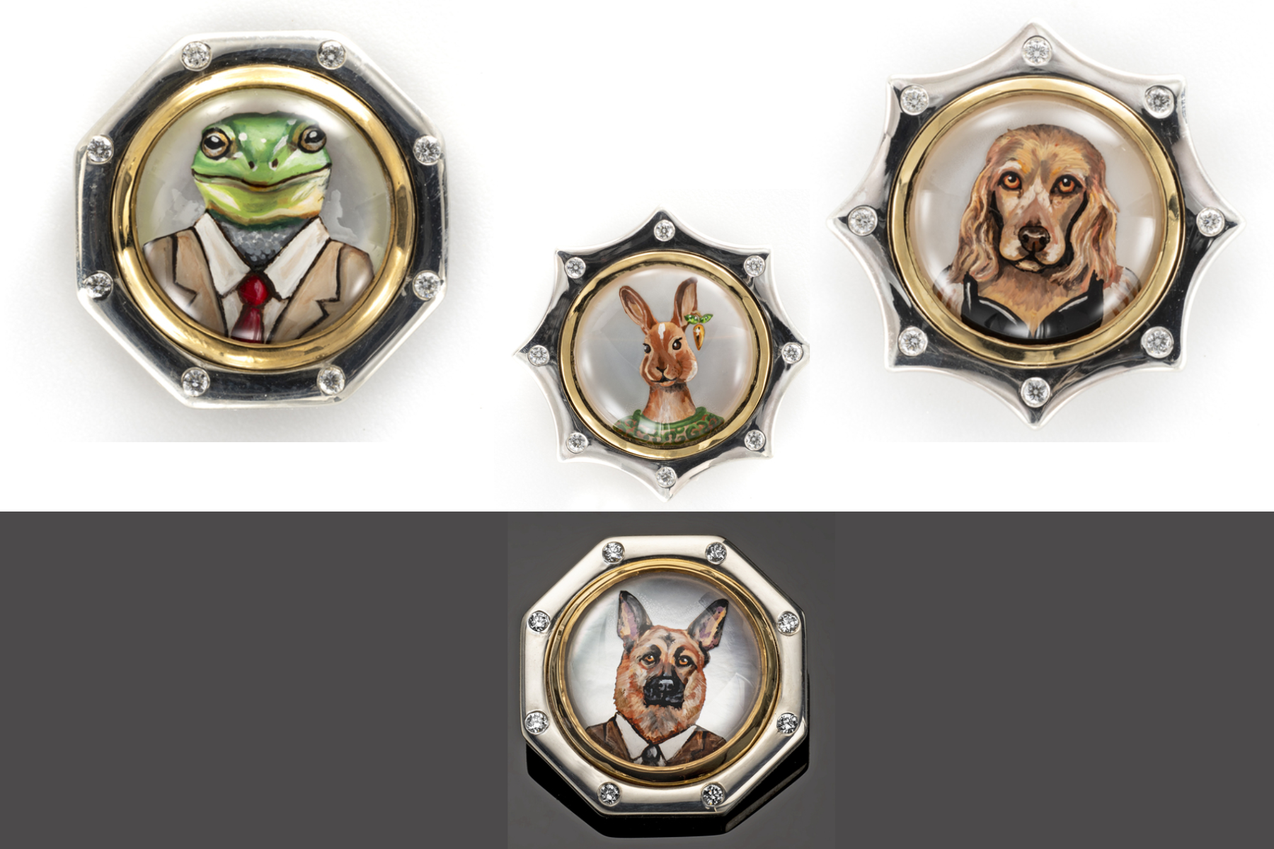 Rotenier's renditions of antique animal portrait jewelry feature his subjects dressed in human clothing